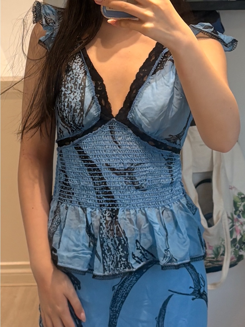 Betsey Johnson Blue and Black Lace-Trim Smocked Camisole